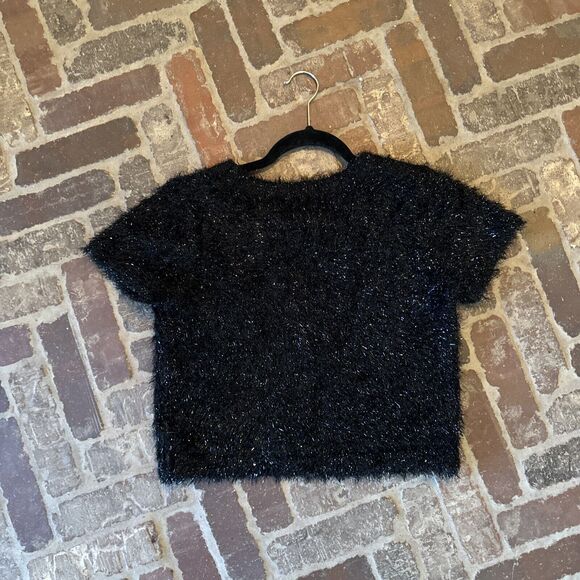 American Apparel Black Fuzzy Short Sleeve Crop‎ Top Side Medium - Picture 2 of 9